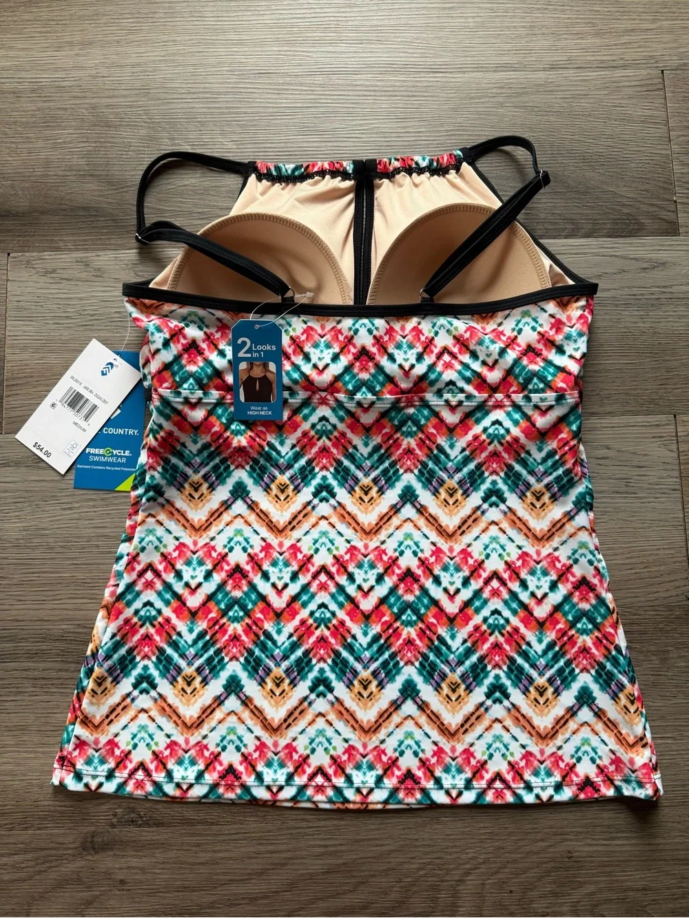 NWT Free Country Colorful Zigzag Tankini Swimsuit Top size M
